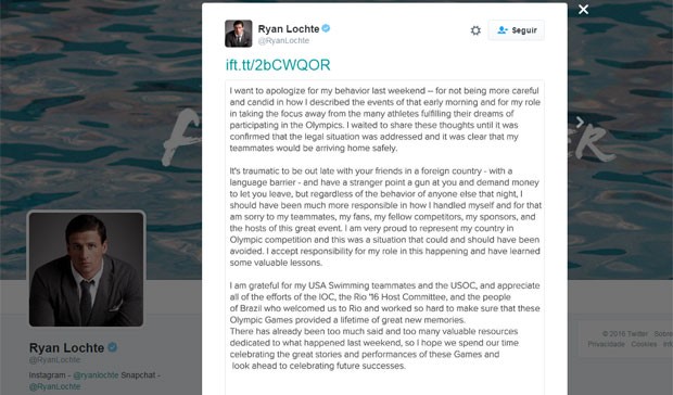 Texto de pedido de desculpa de Ryan Lochte sobre falso relato de assalto (Foto: Reprodução/Twitter/RyanLochte)