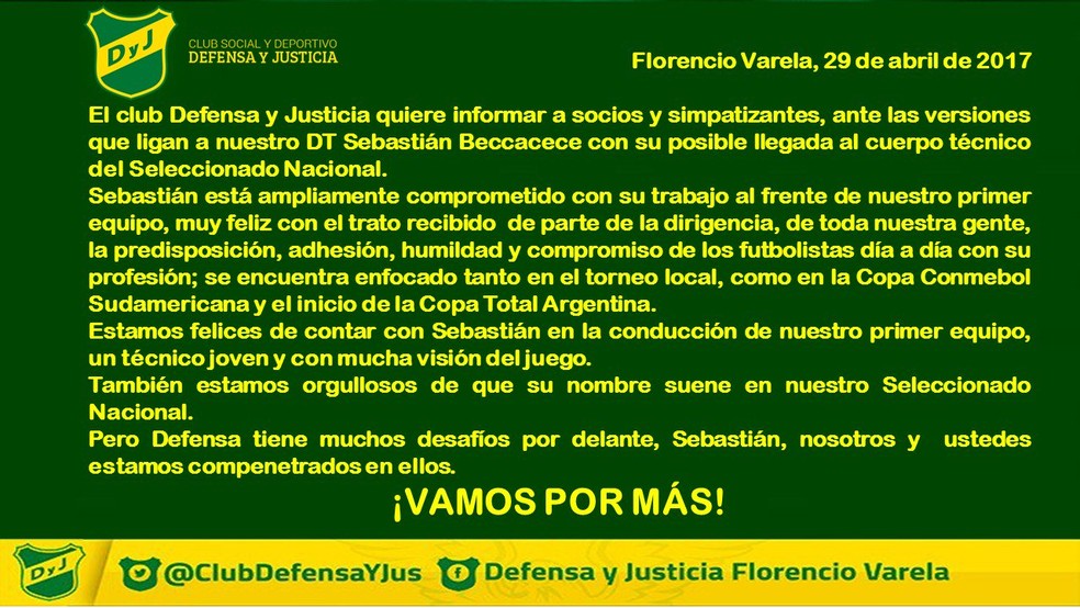 comunicado Defensa y Justicia (Foto: Reprodução / Twitter)