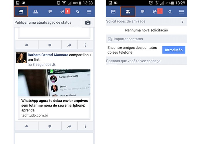 Visualize seu Feed de Notícias e solicitações de amizade no Facebook Lite (Foto: Reprodução/Barbara Mannara)