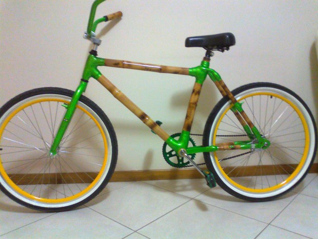 Bicicleta foi construída usando bambu e resina de garrafa PET, no ES (Foto: Cleiton Lima Tompson/ VC no G1)