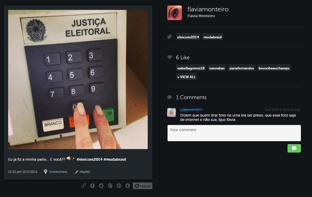 Flávia Monteiro posta foto de urna eleitoral (Foto: Reprodução/Instagram)