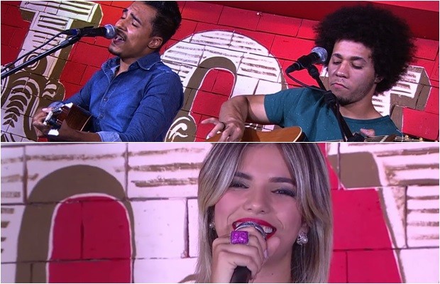Dupla Igor e Ian e cantora Liz Maia disputam a final do concurso Novos Talentos, em Goiás (Foto: Reprodução/TV Anhanguera)