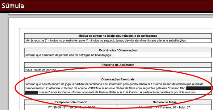 Súmula registra ato de racismo em partida da Segundona paulista (Foto: Reprodução/ Site FPF)