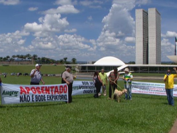 Aposentados e pensionistas protestam contra candidatura do deputado Henrique Eduardo Alves (PMDB-RN) para a presidência da Câmara (Foto: Reprodução/TV Globo)
