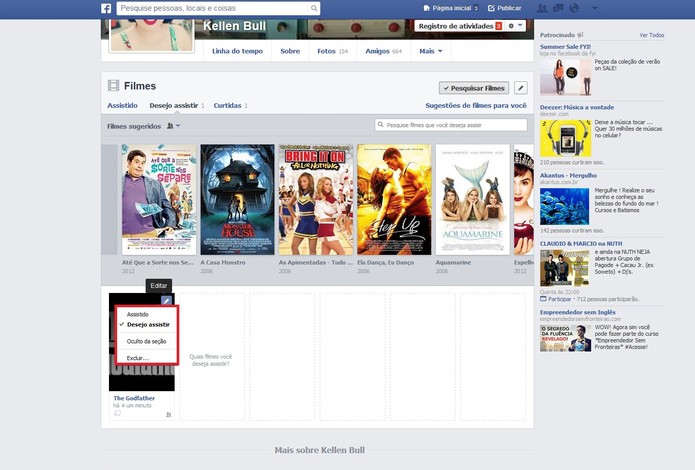 É possível editar o status da sugestão. As opções de filme são: assistido, desejo assistir e oculto, além de poder excluir (Foto: Reprodução/ Anna Kellen Bull) É possível editar o status da sugestão. As opções de filme são: assistido, desejo assistir e oculto, além de poder excluir (Foto: Reprodução/ Anna Kellen Bull)