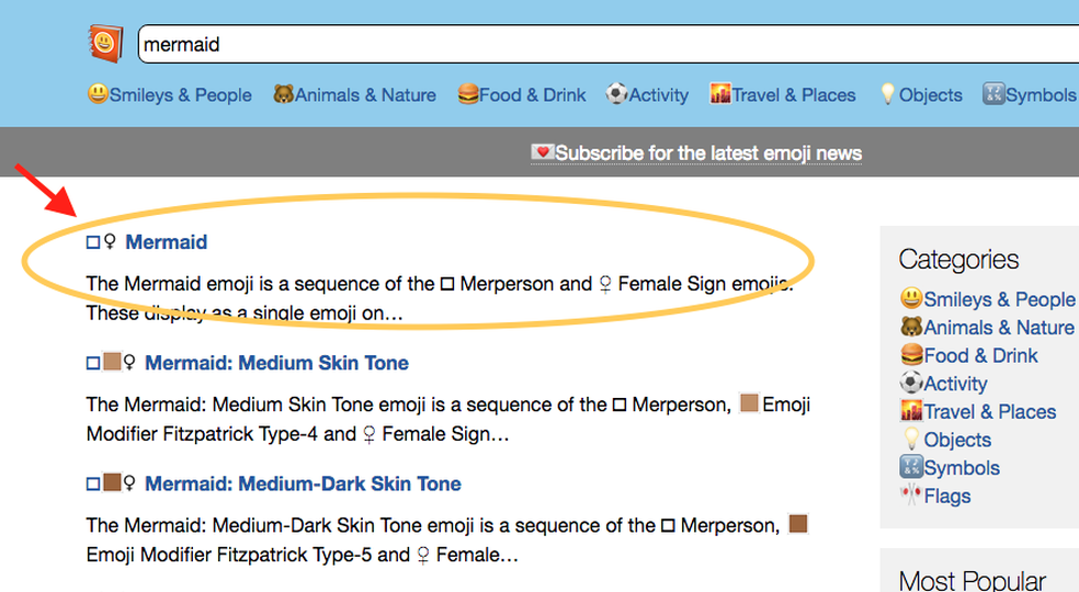 Resultado de buscas por emojis mermaid no Emojipedia (Foto: Reprodução/Melissa Cruz)