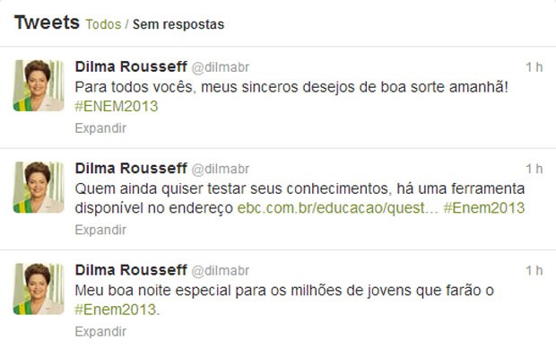 A presidente Dilma Rousseff usou o Twitter nesta sexta para desejar sorte aos candidatos do Enem (Foto: Reprodução/Twitter)