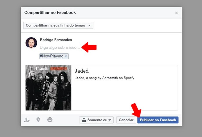 Compartilhe uma música do Spotify no Facebook (Foto: Reprodução/Rodrigo Fernandes) Compartilhe uma música do Spotify no Facebook (Foto: Reprodução/Rodrigo Fernandes)
