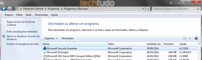 Para desinstalar o Microsoft Security Essencials, selecione-o (Foto: Reprodução/Carol Danelli) Para desinstalar o Microsoft Security Essencials, selecione-o (Foto: Reprodução/Carol Danelli)