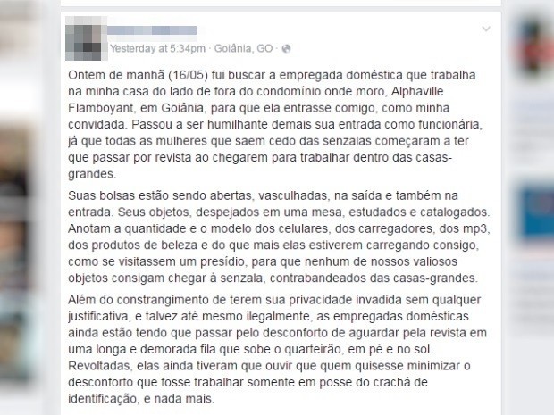Moradora fez postagem nas redes sociais denunciando revistas em condomínio, em Goiás (Foto: Reprodução/Facebook)