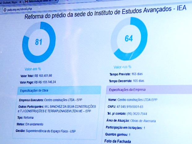 Página revela informações de reforma em sede de centro de estudos da USP, em Ribeirão Preto (Foto: Cláudio Oliveira/EPTV)