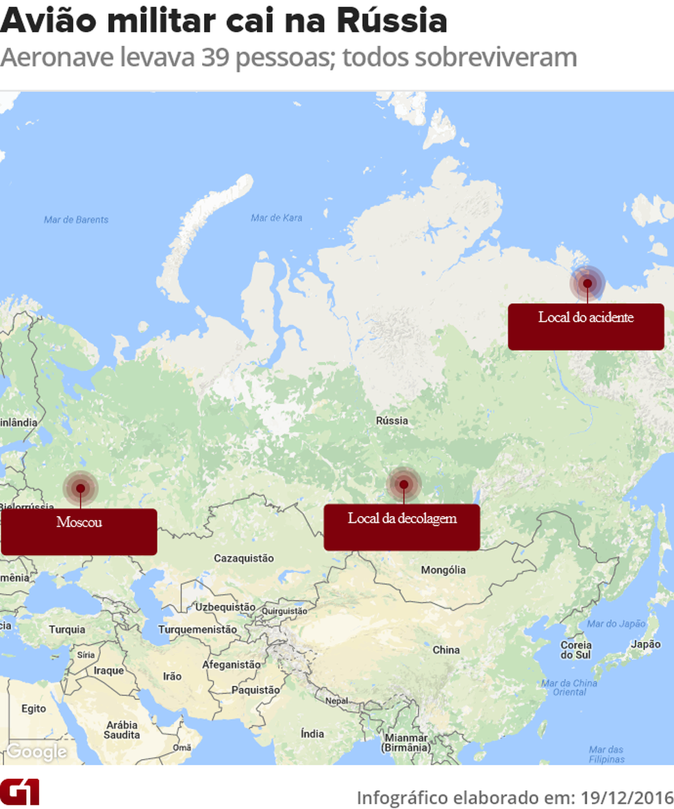 Mapa mostra locais de decolagem e queda de avião militar russo (Foto: Editoria de Arte/G1)
