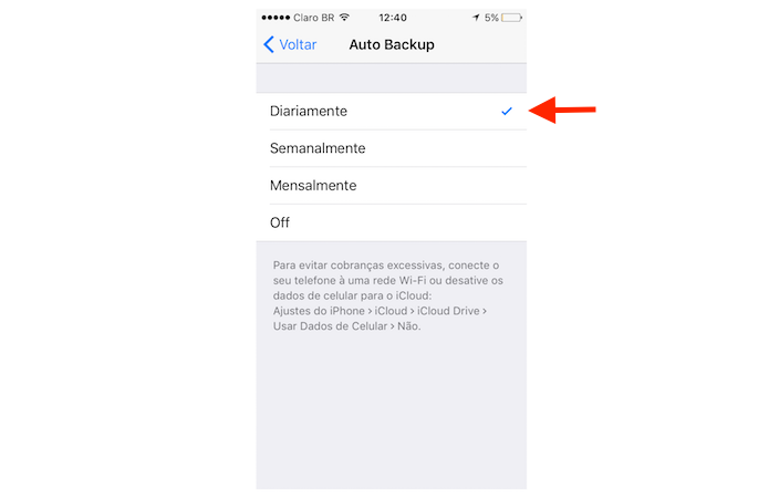 Configurando o backup automático diário do WhatsApp no iPhone (Foto: Reprodução/Marvin Costa)