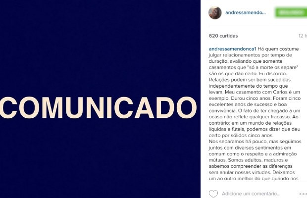 Andressa Mendonça anuncia separação de Carlos Cachoeira nas redes sociais (Foto: Reprodução/ Instagram)