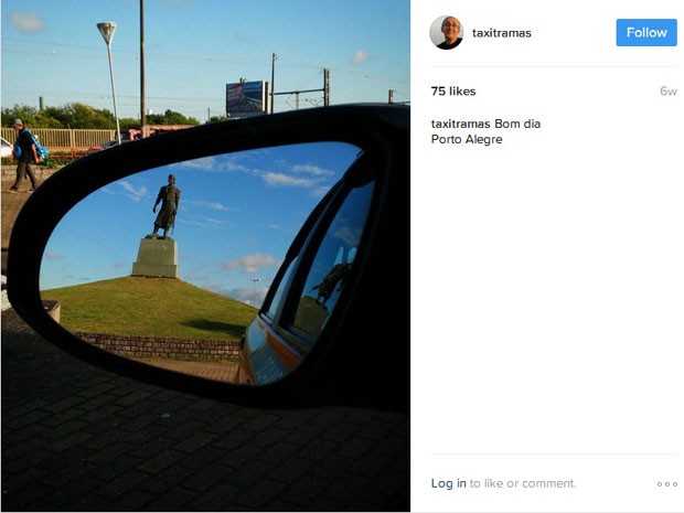 Laçador enquadrado no retrovisor levou Mauro a fotografar cidade pelo espelho (Foto: Reprodução/Instagram) Laçador enquadrado no retrovisor levou Mauro a fotografar cidade pelo espelho (Foto: Reprodução/Instagram)