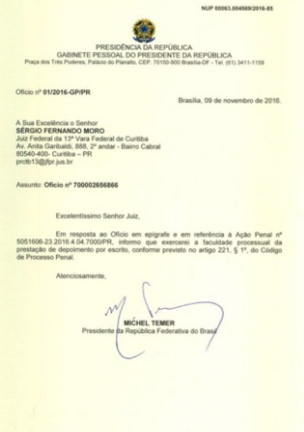Ofcio enviado pelo presidente Michel Temer ao juiz federal Srgio Moro (Foto: Reproduo)