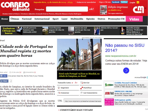 Site português Correio da Manhã noticia mortes em Campinas (Foto: Reprodução)