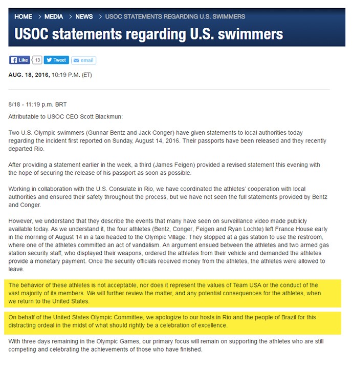 Print comunicado Comitê Olímpico dos EUA v1 (Foto: infoesporte)