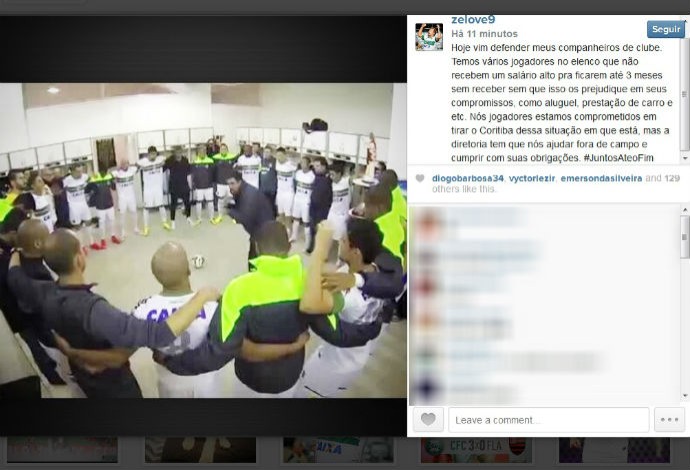 No Instagram, Zé Love criticou a diretoria do Coritiba por causa dos salários atrasados (Foto: Reprodução/Instagram)