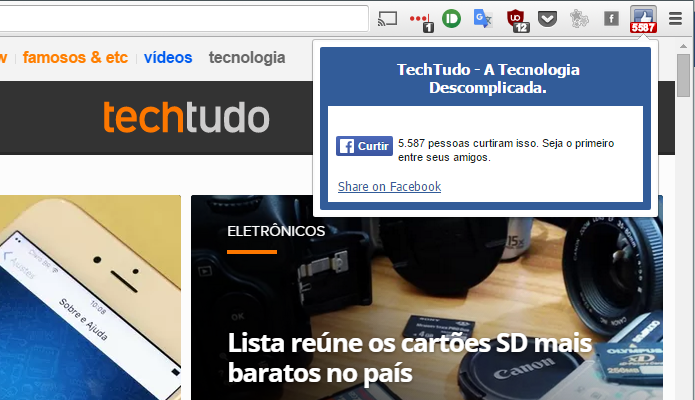 Social Plugin coloca atalho no Chrome para compartilhar páginas (Foto: Reprodução/Paulo Alves)