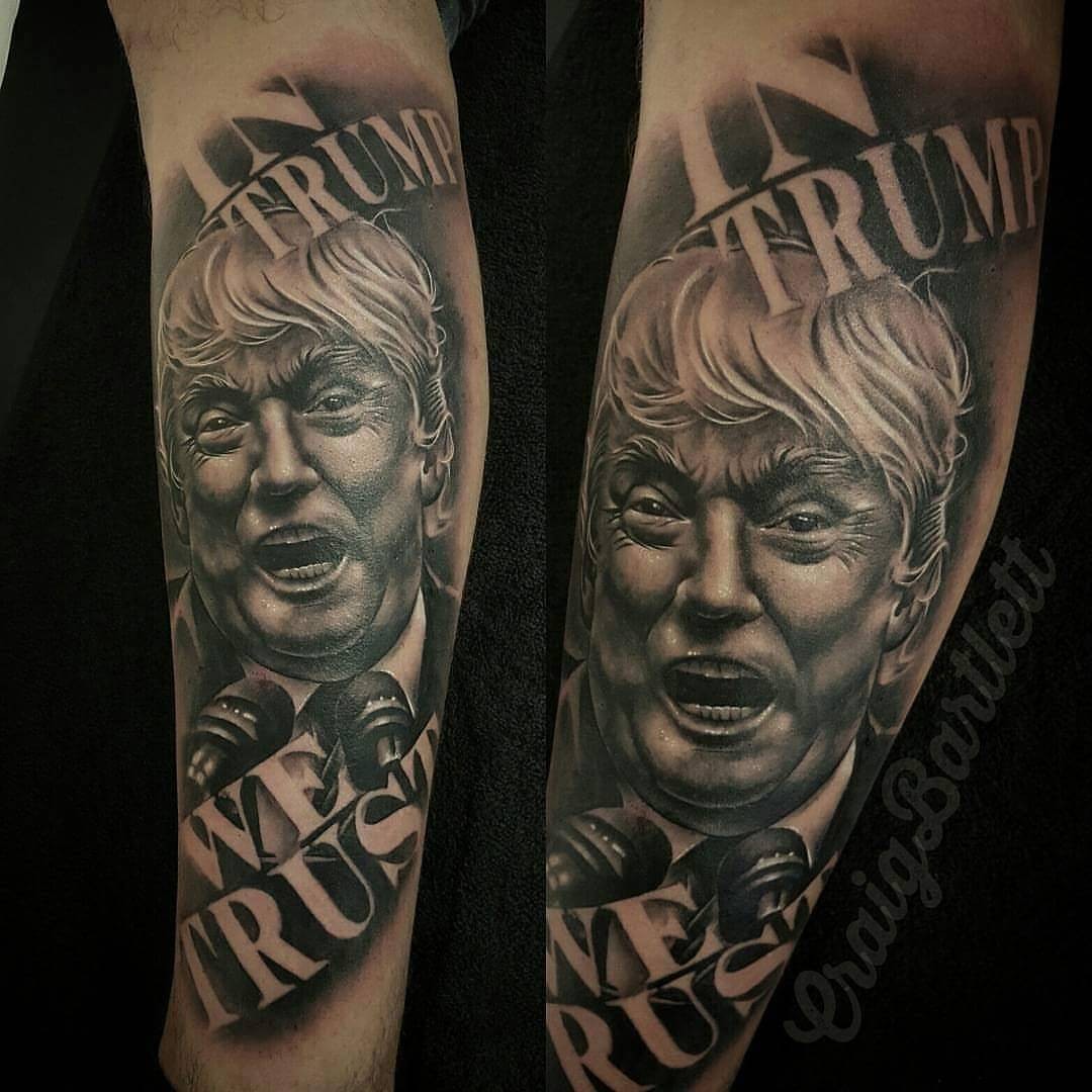 Em realismo preto e cinza, tatuagem de retrato de Trump virou polêmica