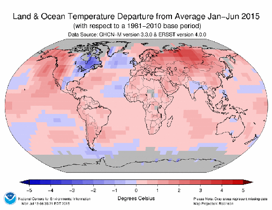 Temperatura global no primeiro semestre de 2015 (Foto: NOAA)