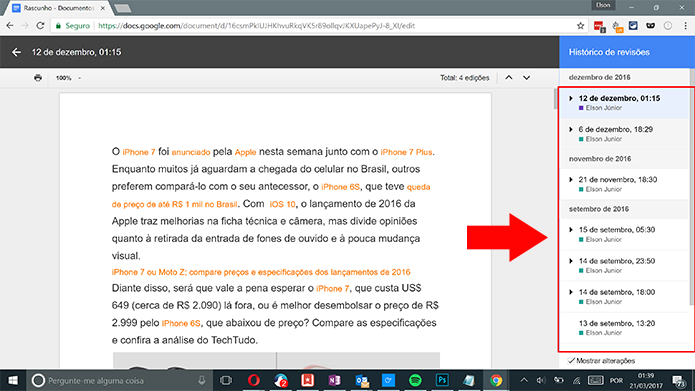 Google Docs mostra painel com todos os históricos de edição (Foto: Reprodução/Elson de Souza)