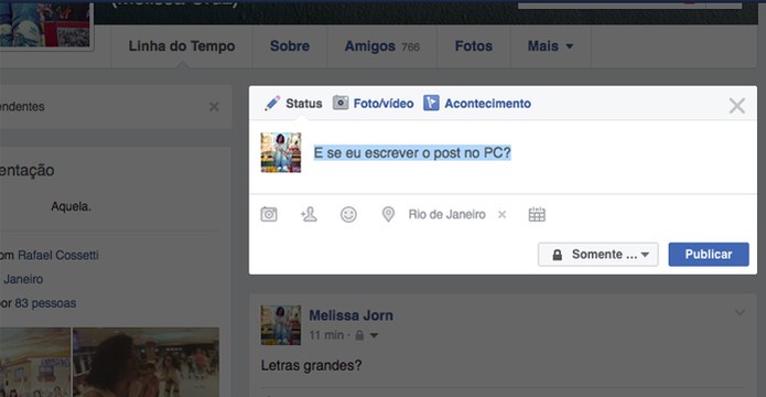 Criar posts de até 35 caracteres no PC e no celular dá maior destaque no Facebook (Foto: Reprodução/Facebook) Criar posts de até 35 caracteres no PC e no celular dá maior destaque no Facebook (Foto: Reprodução/Facebook)