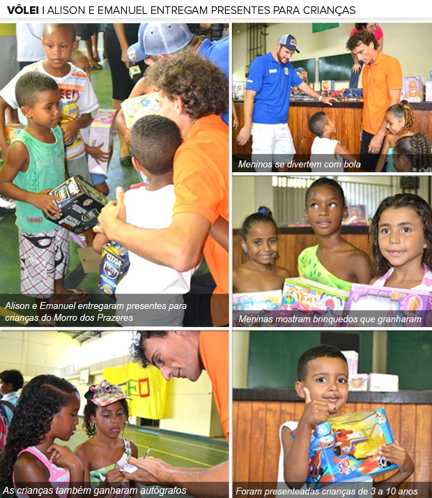 Galeria, Alison e Emanuel entregaram presentes para crianças do Morro dos Prazeres (Foto: Editoria de Arte / Globoesporte.com) Galeria, Alison e Emanuel entregaram presentes para crianças do Morro dos Prazeres (Foto: Editoria de Arte / Globoesporte.com)