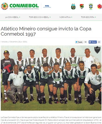  site da Conmebol, que lembra a conquista do bicampeonato pelo Atlético-MG, que completa 17 anos hoje (Foto: Reprodução)