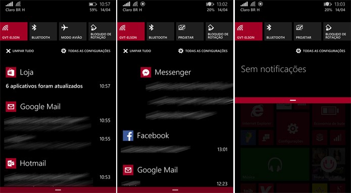 Windows Phone 8.1 traz central de notificações que promete melhorar os alertas do usuário (Foto: Reprodução/Elson)