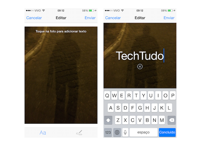 Inserindo texto em uma foto que será enviada pelo Facebook Messenger no iOS (Foto: Reprodução/Marvin Costa)