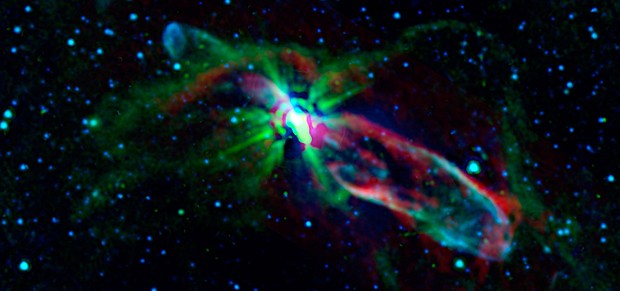 Imagem de nascimento estelar combina observações dos telescópios Spitzer, da Nasa, e Alma, no norte do Chile (Foto: Nasa/JPL-Caltech/Alma)