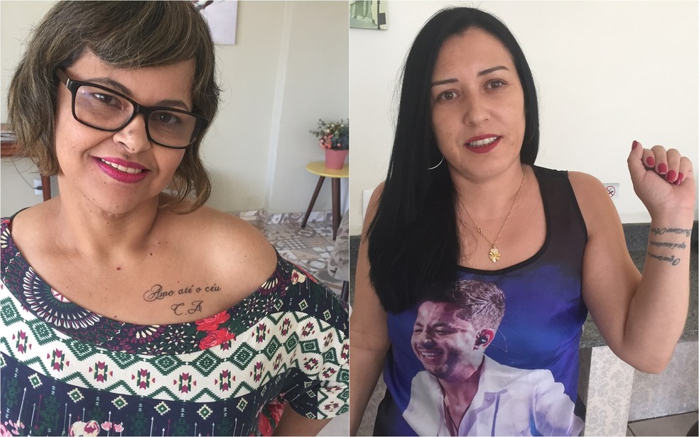 Maria Aparecida e Denise fizeram tatuagens para homenagear Cristiano Araújo (Foto: Danielle Oliveira/G1)