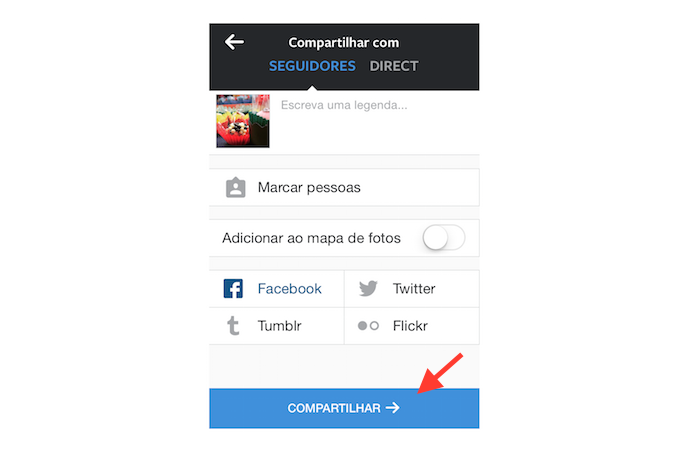 Ferramenta de compartilhamento do Instagram com o Facebook vinculado e pronto para o compartilhamento de fotos (Foto: Reprodução/Marvin Costa)