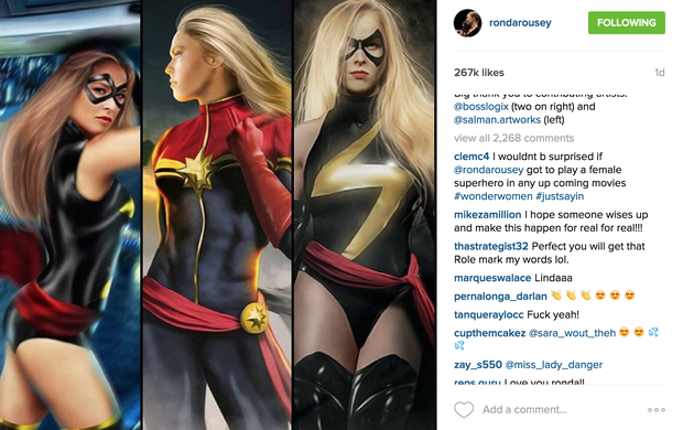 Ronda Rousey mostra montagem dos fãs que a caracterizaram como a heroína Capitã Marvel