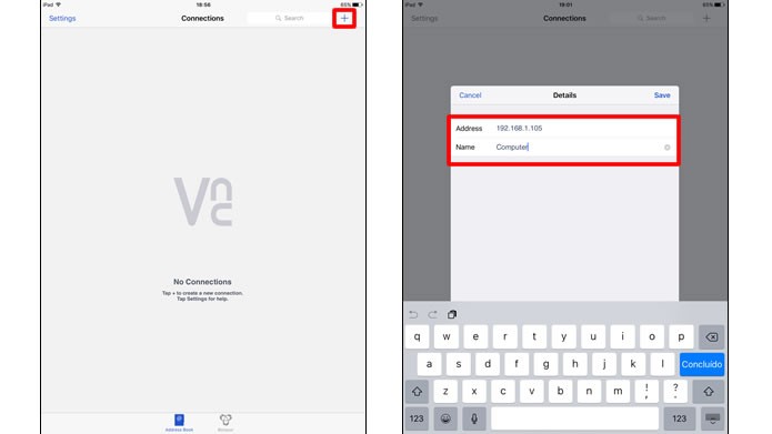 Em um iPhone ou iPad com VNC Viewer, aperte em “+” para configurar a rede com o IP do PC (Foto: Daniel Ribeiro /TechTudo)