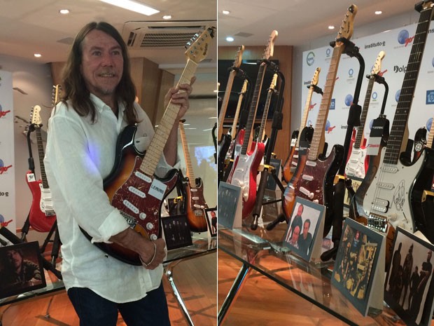 Lenine apresenta guitarras que serão leiloadas pelo Rock in Rio (Foto: Marcelo Elizardo/G1)