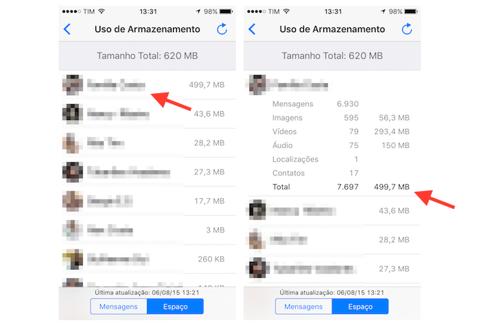 Verificando a quantidade de espaço utilizando por um chat do WhatsApp para iPhone (Foto: Reprodução/Marvin Costa)