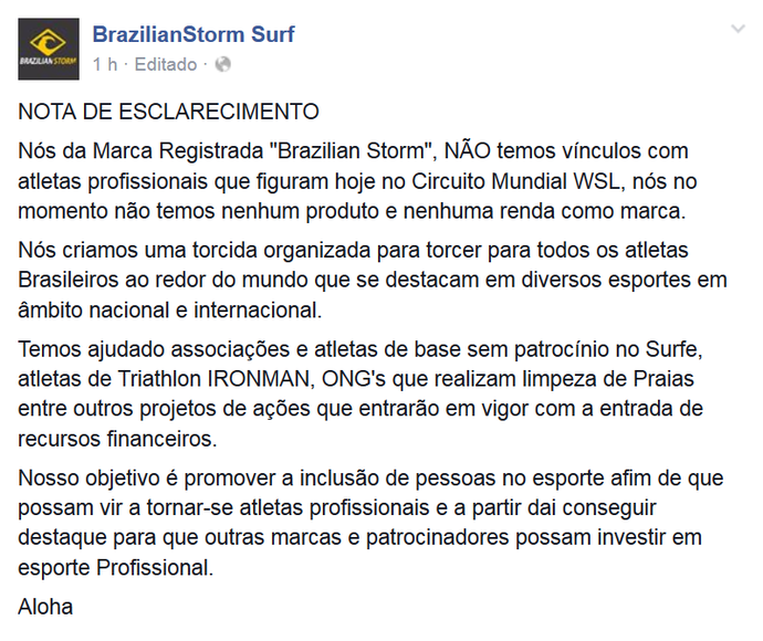 Comunicado na página do Brazilian Storm (Foto: Reprodução)