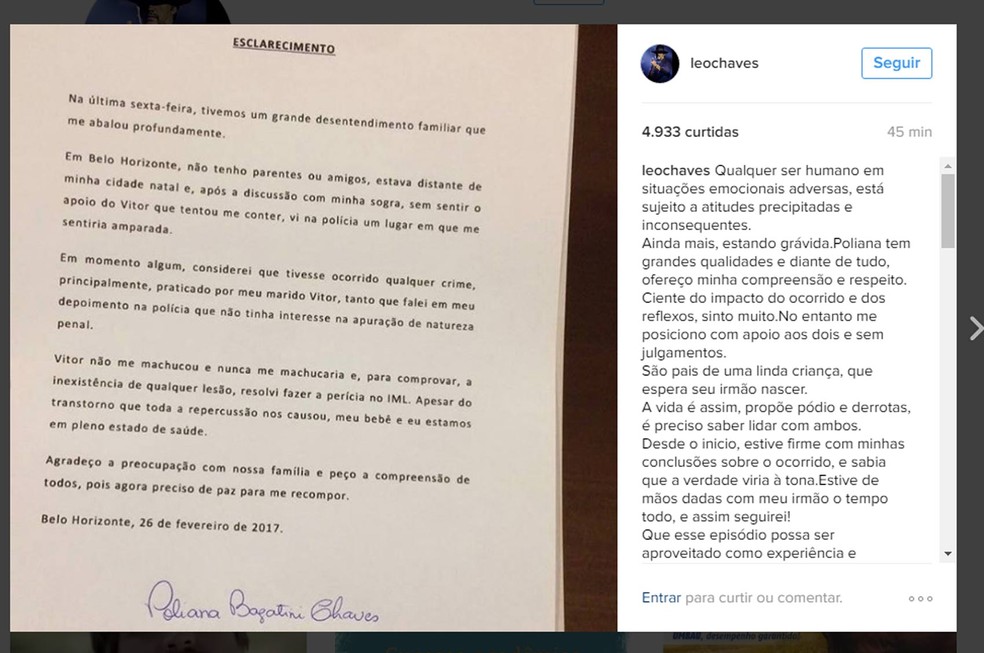 Mensagem de Leo Chaves sobre carta de Poliana  (Foto: Reprodução/Instagram/Leochaves)