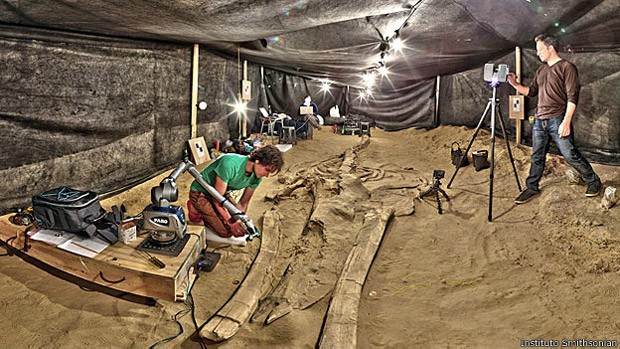 Cientistas usaram várias técnicas digitais para registrar e analisar os fósseis de baleia (Foto: Instituto Smithsonian/BBC)