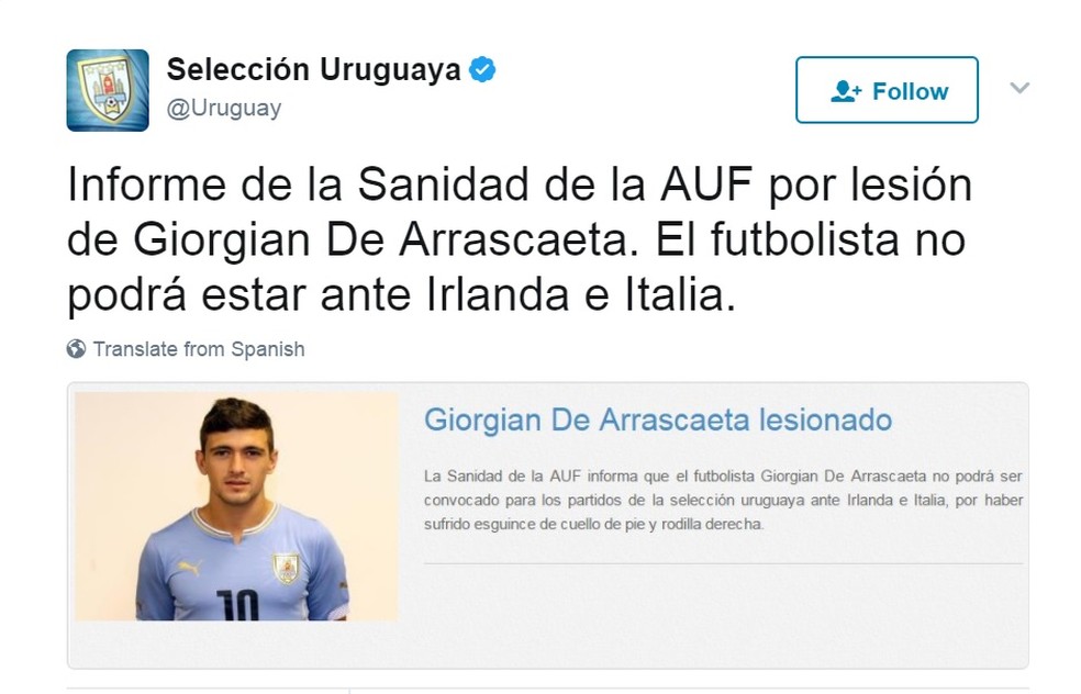 Seleção uruguaia publica nota avisando da lesão de Arrascaeta (Foto: Reprodução/ Twitter)