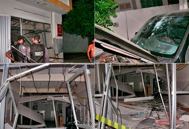 Agência do Bradesco em Carnaubais ficou completamente destruída com a explosão; carro também foi atingido por vários disparos (Foto: Francisco Coelho/Focoelho.com)