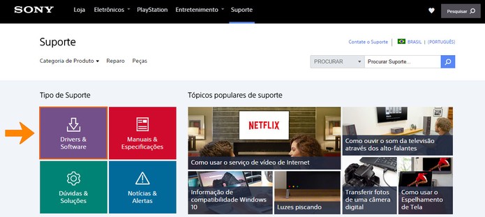 Acesse a página de suporte da Sony e selecione os Drivers (Foto: Reprodução/Barbara Mannara)