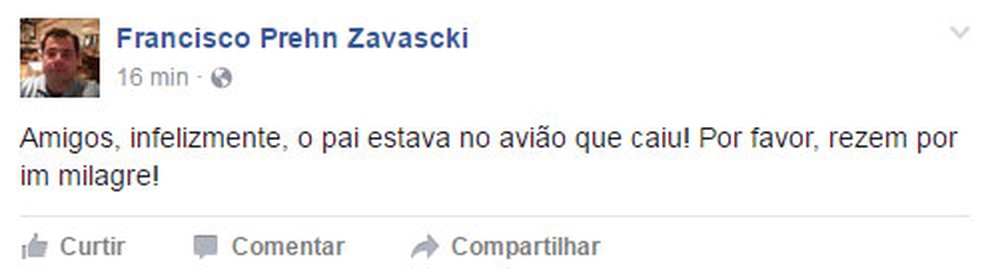 Às 17h22, o filho de Teori Zavascki publicou texto confirmando que ministro estava no avião que caiu em Paraty (RJ) (Foto: Reprodução/Facebook/Francisco Prehn Zavascki)