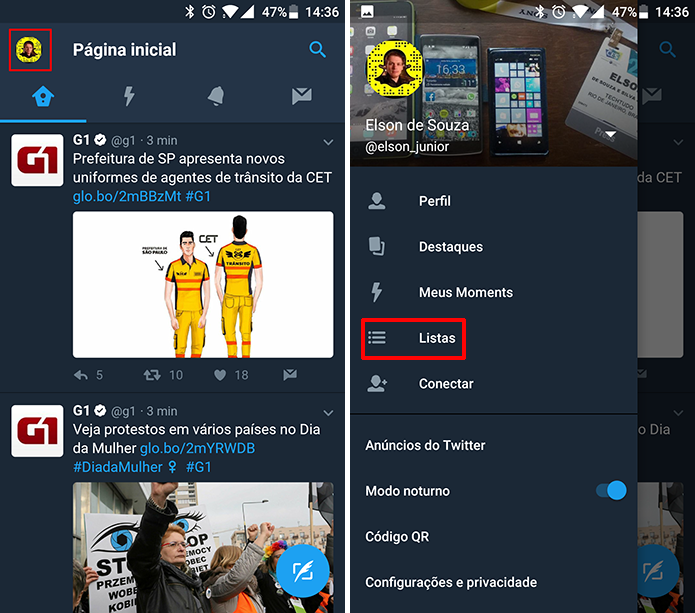 Selecione opções Listas na tela inicial do Twitter para Android (Foto: Reprodução/Elson de Souza) (Foto: Selecione opções Listas na tela inicial do Twitter para Android (Foto: Reprodução/Elson de Souza)) Selecione opções Listas na tela inicial do Twitter para Android (Foto: Reprodução/Elson de Souza) (Foto: Selecione opções Listas na tela inicial do Twitter para Android (Foto: Reprodução/Elson de Souza))