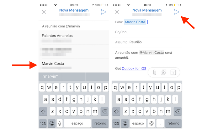 Mensagem com um contato mencionado no Outlook para iPhone (Foto: Reprodução/Marvin Costa)