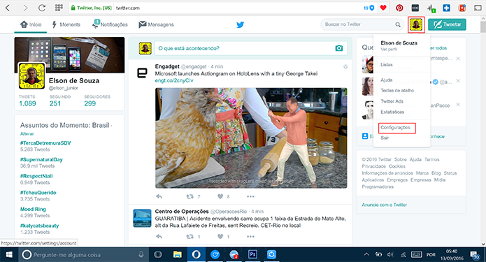 Twitter para Web tem configurações no canto superior esquerdo da tela (Foto: Reprodução/Elson de Souza)