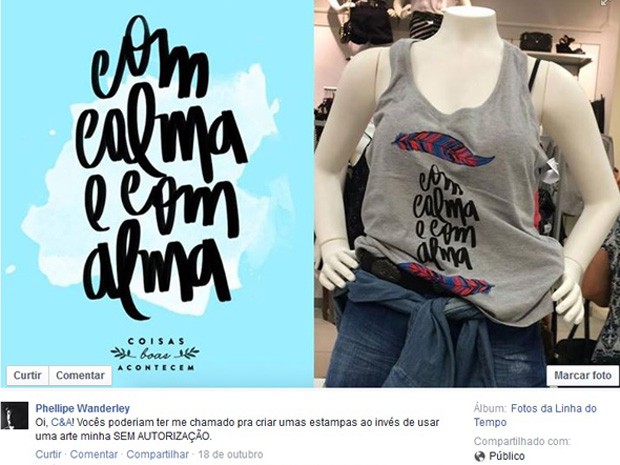 Designer denuncia rede varejista C&amp;A por plagiar seu trabalho na criação de estampas para camisetas, no domingo (18) (Foto: Reprodução/Facebook/Phellipe Wanderley)